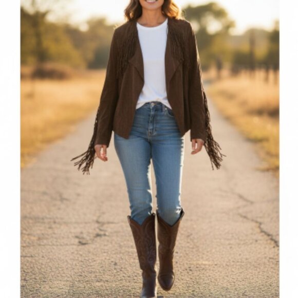 Edge Brown Suede Fringe Open Jacket 8 - Picture 1 of 9